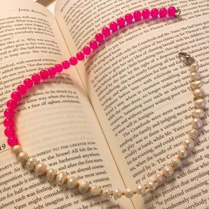 Freshwater Pearl & Hot Pink Beaded Choker Necklace - image 1